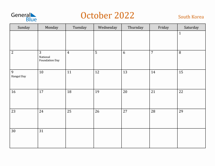 October 2022 Holiday Calendar with Sunday Start