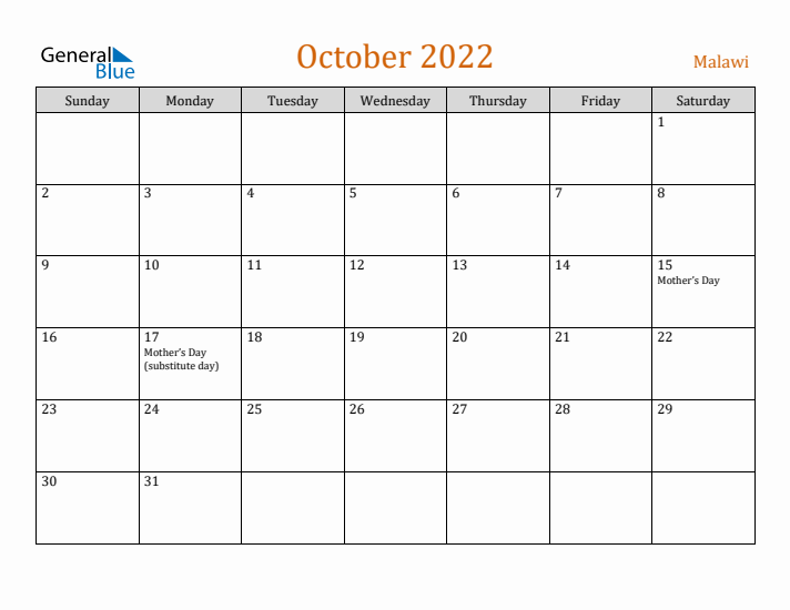 October 2022 Holiday Calendar with Sunday Start