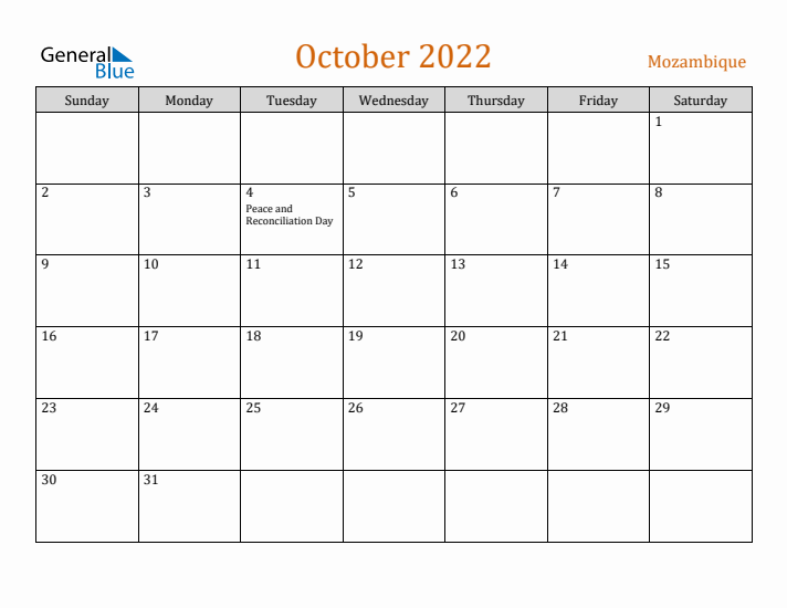 October 2022 Holiday Calendar with Sunday Start