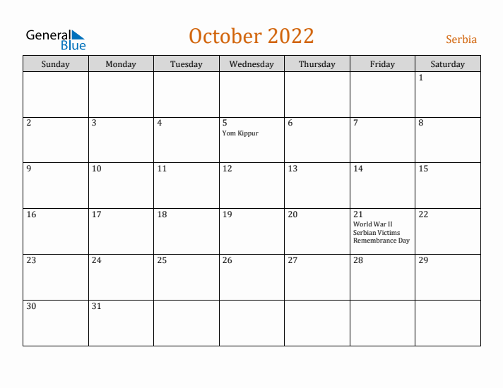 October 2022 Holiday Calendar with Sunday Start