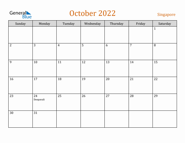 October 2022 Holiday Calendar with Sunday Start