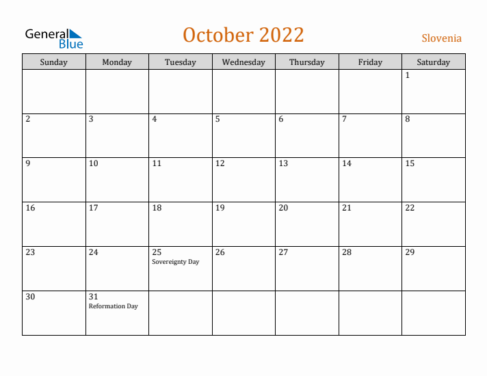 October 2022 Holiday Calendar with Sunday Start