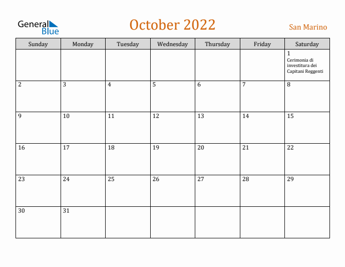 October 2022 Holiday Calendar with Sunday Start