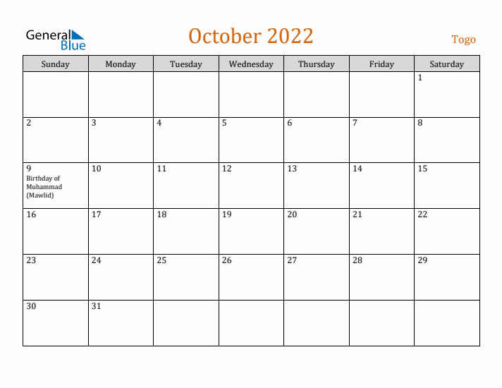 October 2022 Holiday Calendar with Sunday Start