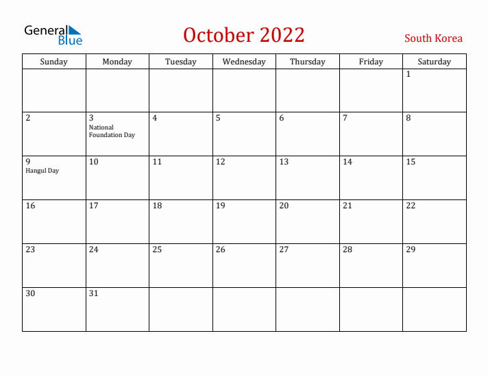 South Korea October 2022 Calendar - Sunday Start