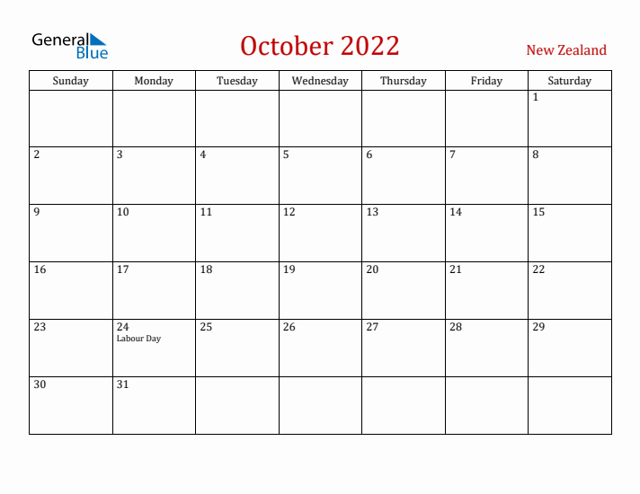 New Zealand October 2022 Calendar - Sunday Start