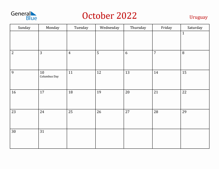 Uruguay October 2022 Calendar - Sunday Start