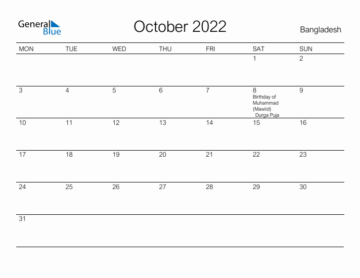 Printable October 2022 Calendar for Bangladesh