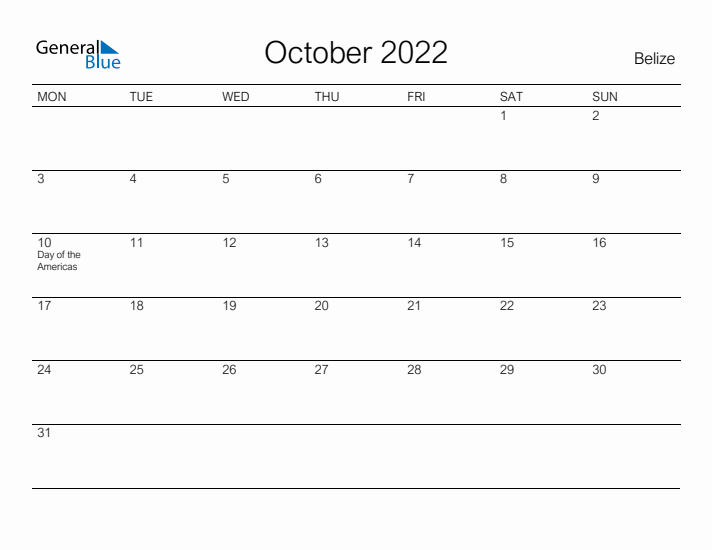 Printable October 2022 Calendar for Belize