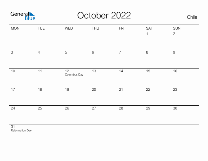 Printable October 2022 Calendar for Chile