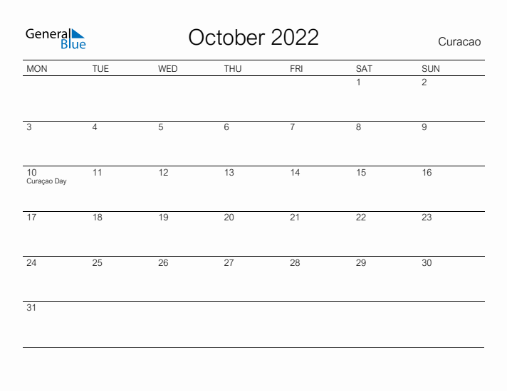 Printable October 2022 Calendar for Curacao