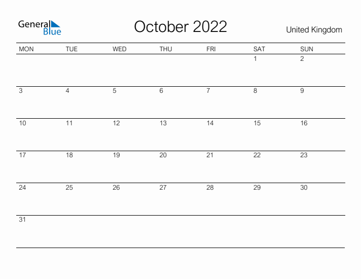 Printable October 2022 Calendar for United Kingdom