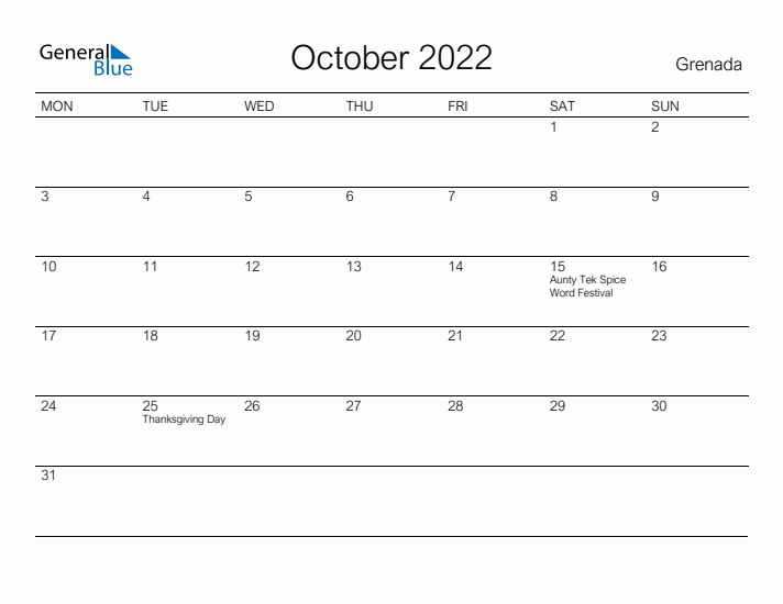 Printable October 2022 Calendar for Grenada