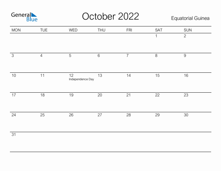 Printable October 2022 Calendar for Equatorial Guinea