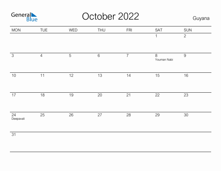 Printable October 2022 Calendar for Guyana