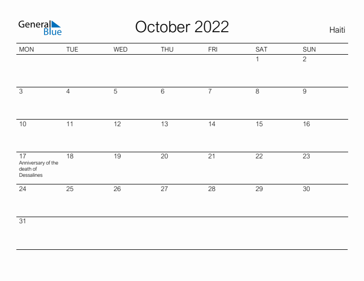 Printable October 2022 Calendar for Haiti