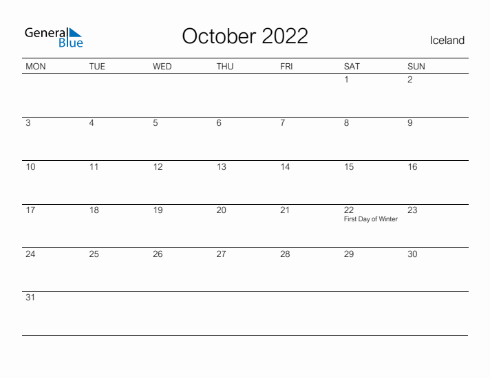 Printable October 2022 Calendar for Iceland