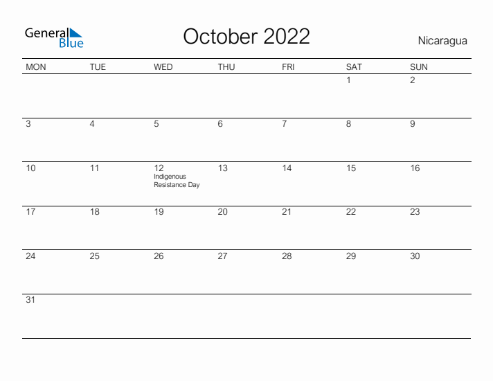 Printable October 2022 Calendar for Nicaragua