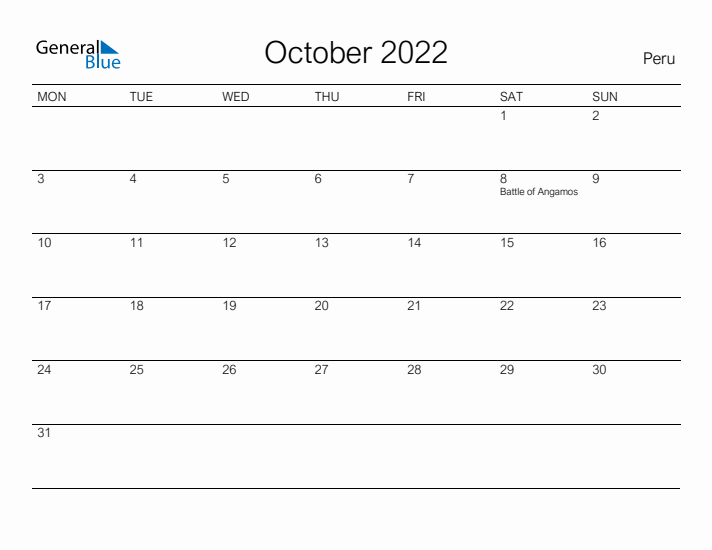 Printable October 2022 Calendar for Peru