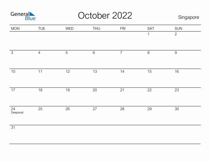 Printable October 2022 Calendar for Singapore