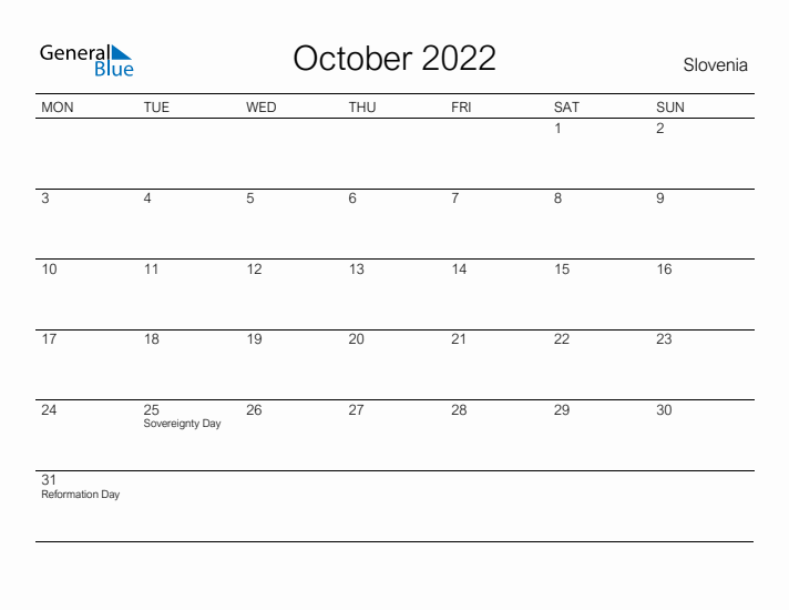 Printable October 2022 Calendar for Slovenia