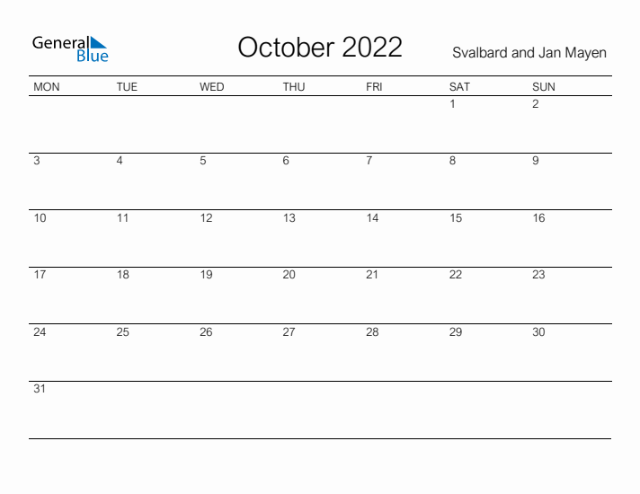 Printable October 2022 Calendar for Svalbard and Jan Mayen