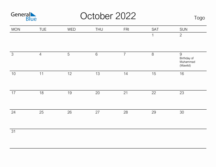 Printable October 2022 Calendar for Togo