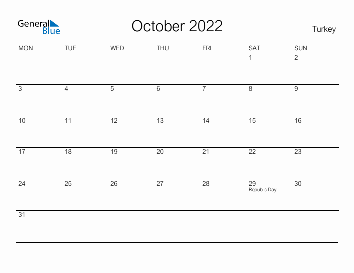 Printable October 2022 Calendar for Turkey