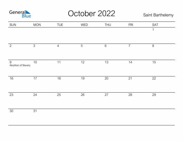 Printable October 2022 Calendar for Saint Barthelemy