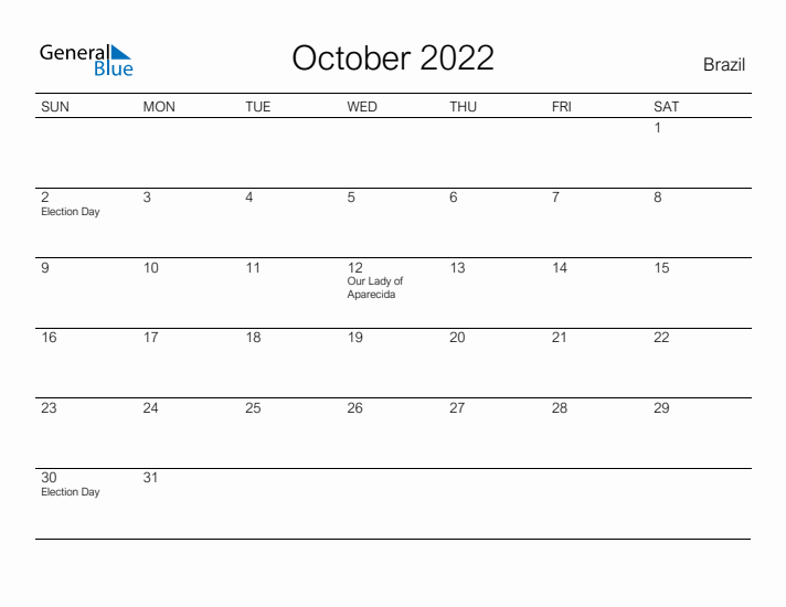 Printable October 2022 Calendar for Brazil