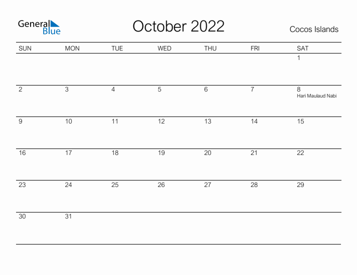 Printable October 2022 Calendar for Cocos Islands