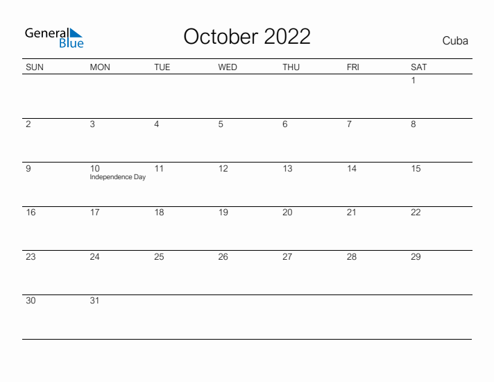 Printable October 2022 Calendar for Cuba