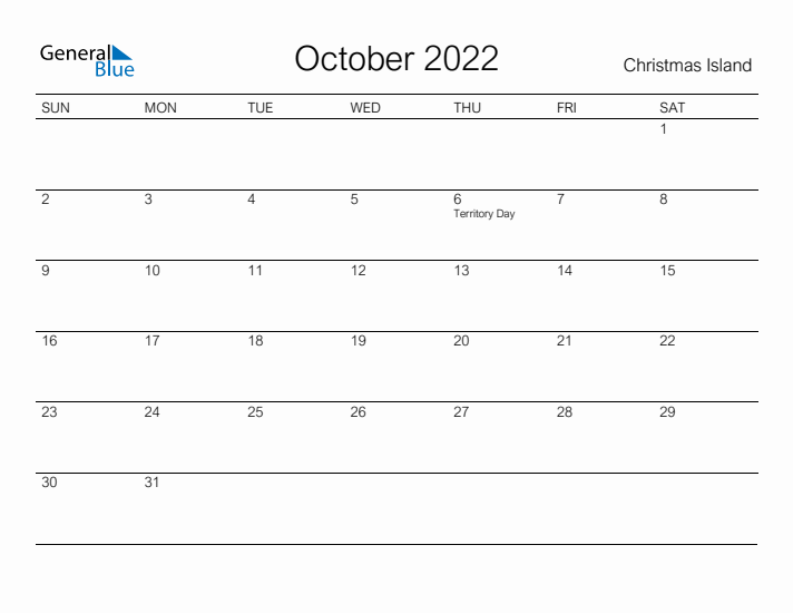 Printable October 2022 Calendar for Christmas Island