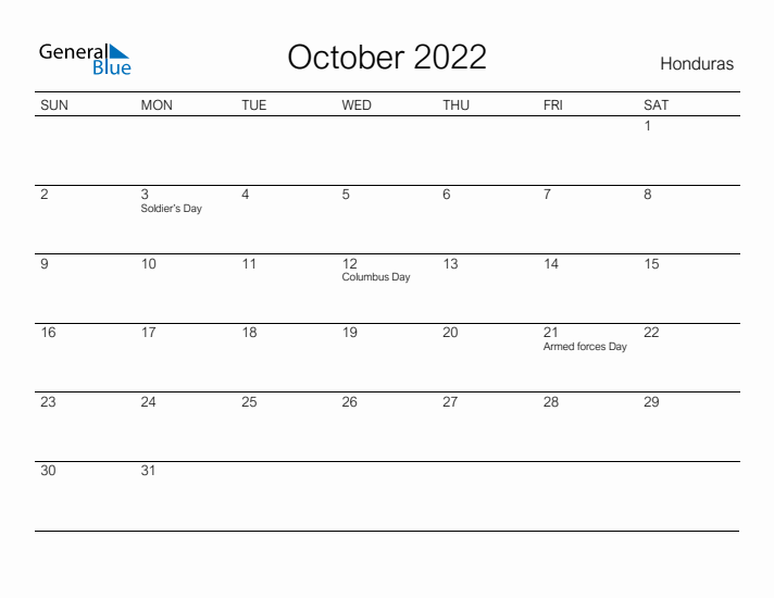 Printable October 2022 Calendar for Honduras