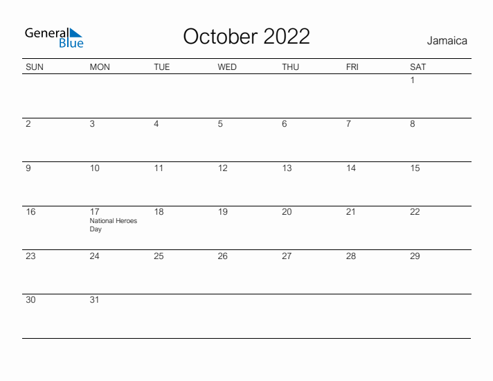 Printable October 2022 Calendar for Jamaica