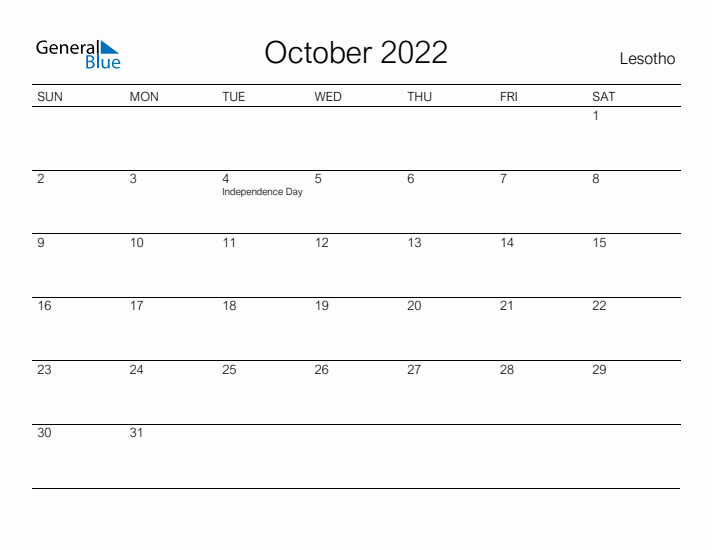 Printable October 2022 Calendar for Lesotho