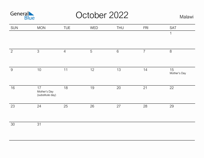 Printable October 2022 Calendar for Malawi