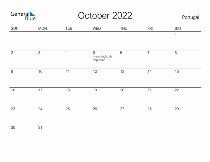 Printable October 2022 Calendar for Portugal