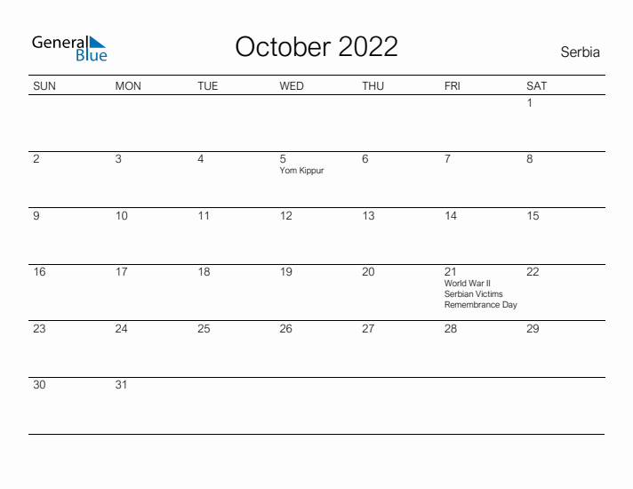 Printable October 2022 Calendar for Serbia