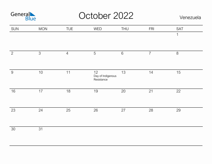 Printable October 2022 Calendar for Venezuela