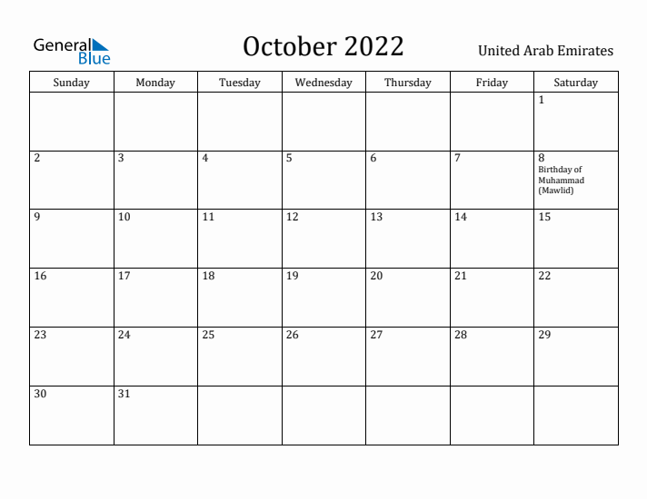 October 2022 Calendar United Arab Emirates