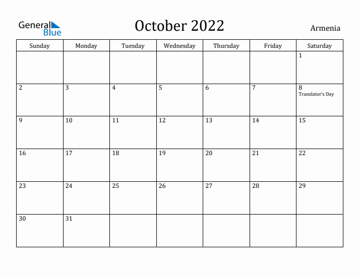 October 2022 Calendar Armenia