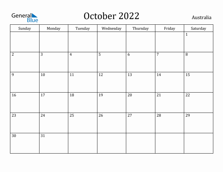 October 2022 Calendar Australia