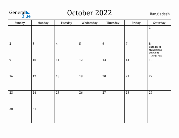 October 2022 Calendar Bangladesh