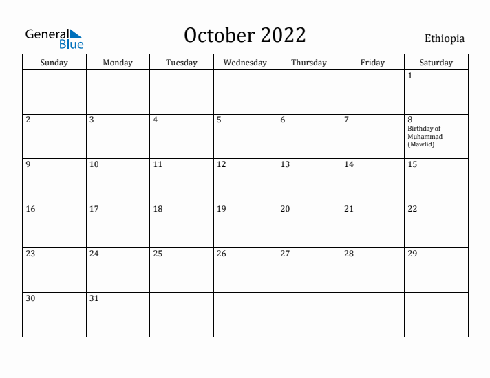 October 2022 Calendar Ethiopia