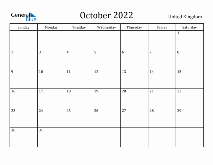 October 2022 Calendar United Kingdom