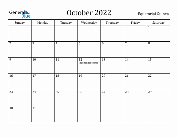 October 2022 Calendar Equatorial Guinea