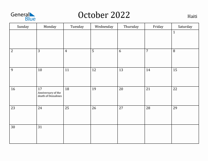 October 2022 Calendar Haiti