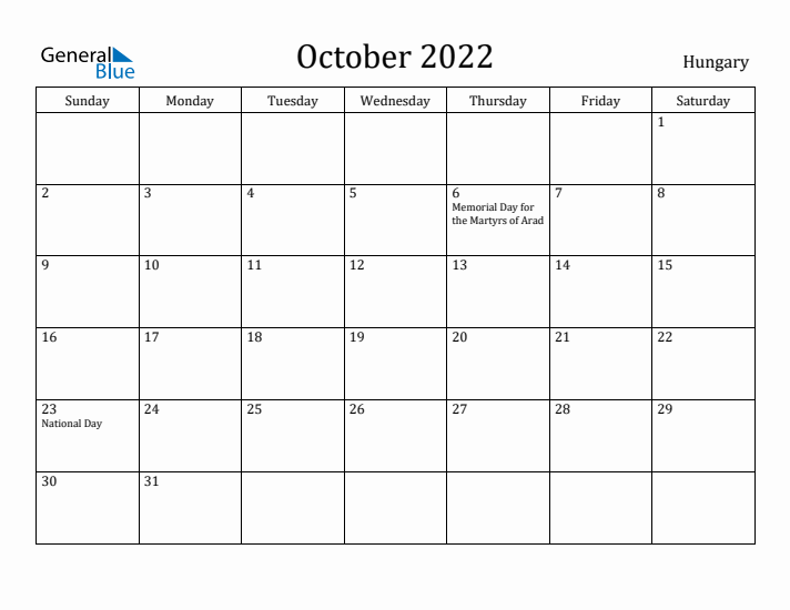 October 2022 Calendar Hungary