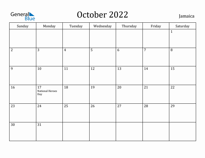 October 2022 Calendar Jamaica